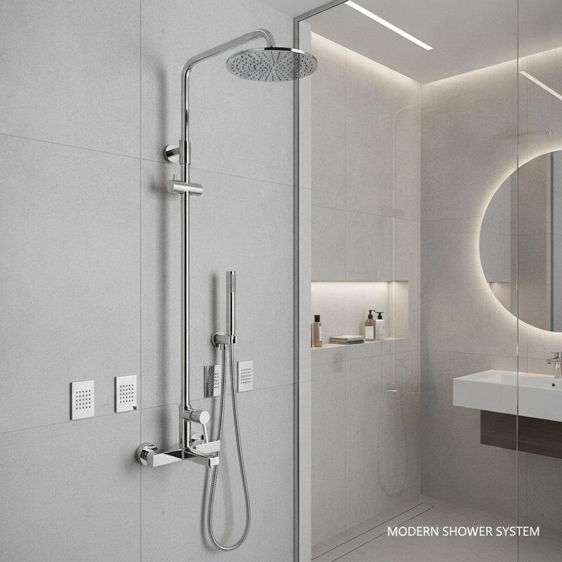 Robinetterie finition chrome avec douchette et jets de massage lombaires, idéale pour les salles de bain modernes